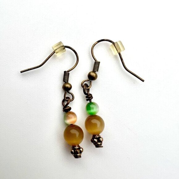 Handmade Beaded Drop Earrings Green & Amber Glass Beads Antiqued Bronze Hooks - Picture 4 of 8